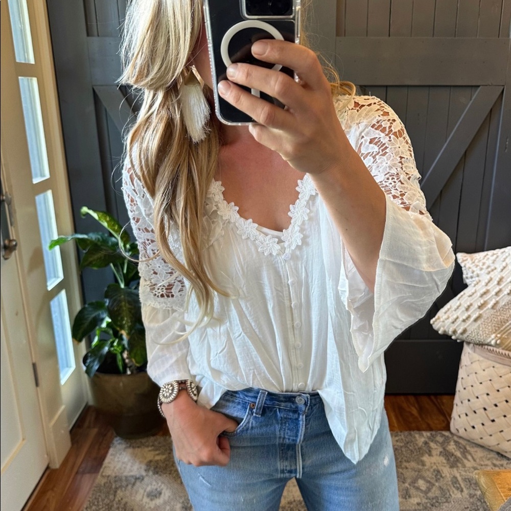 New White Cotton Lace 3/4 Sleeve Button Front Floral Romantic Blouse Top Boho - Picture 3 of 7